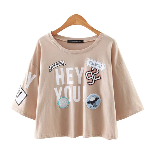 Load image into Gallery viewer, Cute Letter Print and Patch Summer Cropped Top Shirt-women-wanahavit-S-wanahavit
