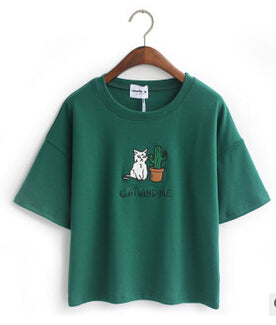 Cat Embroidered Cute Cropped Top Tees-women-wanahavit-Green-One Size-wanahavit