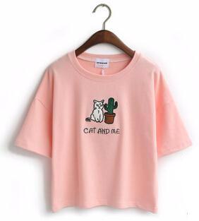 Cat Embroidered Cute Cropped Top Tees-women-wanahavit-Pink-One Size-wanahavit