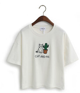 Cat Embroidered Cute Cropped Top Tees-women-wanahavit-White-One Size-wanahavit