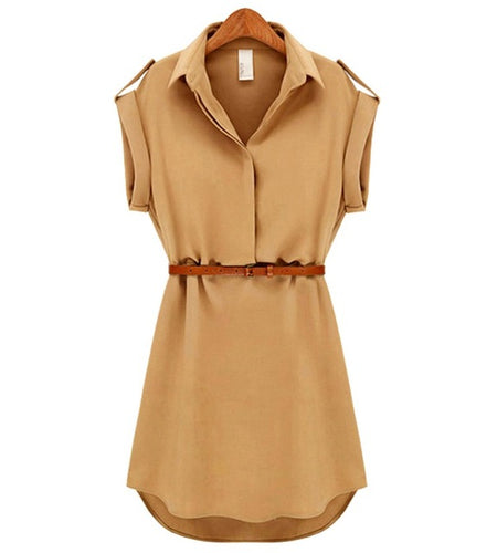 Fashionable Short Sleeve Stretchable Casual Mini Dress with Belt-women-wanahavit-Beige-L-wanahavit