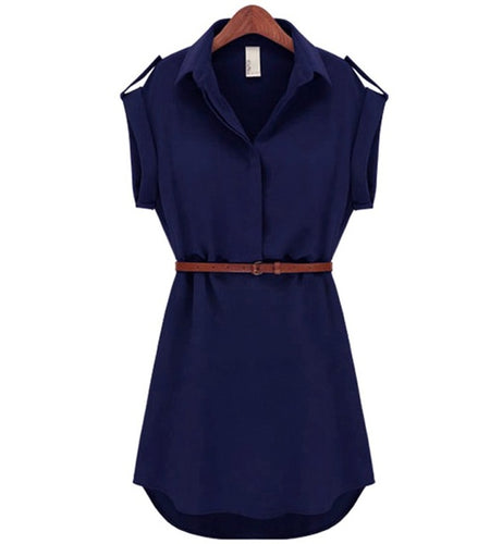 Fashionable Short Sleeve Stretchable Casual Mini Dress with Belt-women-wanahavit-Navy-L-wanahavit