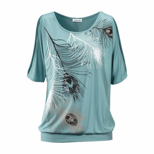 Load image into Gallery viewer, Slit Sleeve Cold Shoulder Feather Printed Summer T Shirt-women-wanahavit-Green-L-wanahavit
