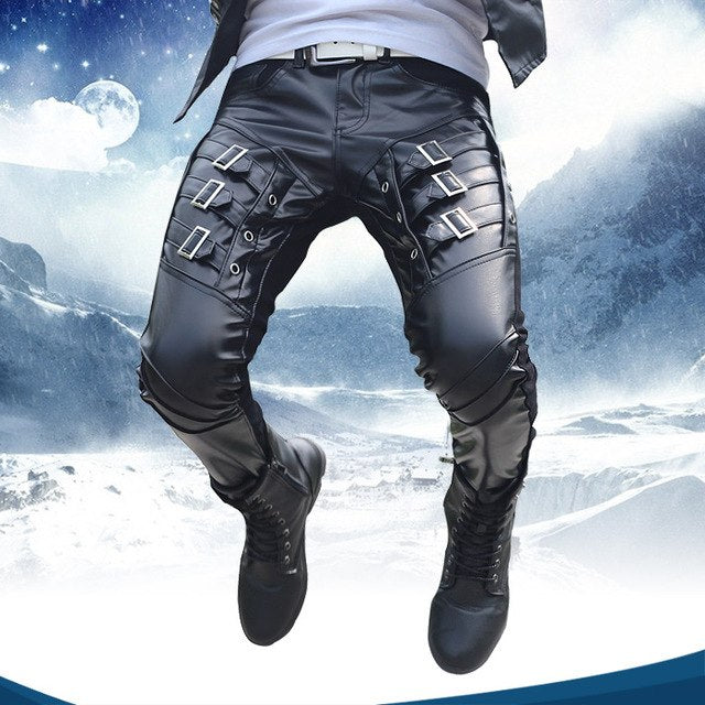 Belted Buckle Designer Harem Faux Leather Pencil Pants-men-wanahavit-Black-27-wanahavit