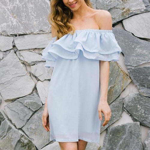 Load image into Gallery viewer, Chiffon Ruffle Off Shoulder Short Elastic Sexy Dress-women-wanahavit-Blue-S-wanahavit
