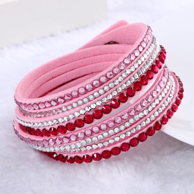 Fashion Multilayer Rhinestone Leather Crystal Wrap Bracelet-women-wanahavit-Pink-wanahavit