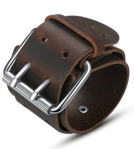 Wide Genuine Leather Belt Bracelet With Alloy Clasp-unisex-wanahavit-Brown-wanahavit