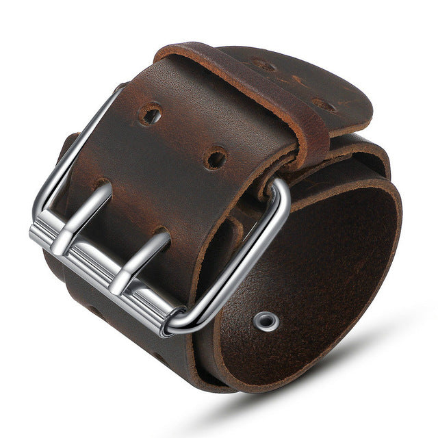 Wide Genuine Leather Belt Bracelet With Alloy Clasp-unisex-wanahavit-Brown-wanahavit