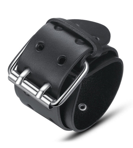 Wide Genuine Leather Belt Bracelet With Alloy Clasp-unisex-wanahavit-Black-wanahavit