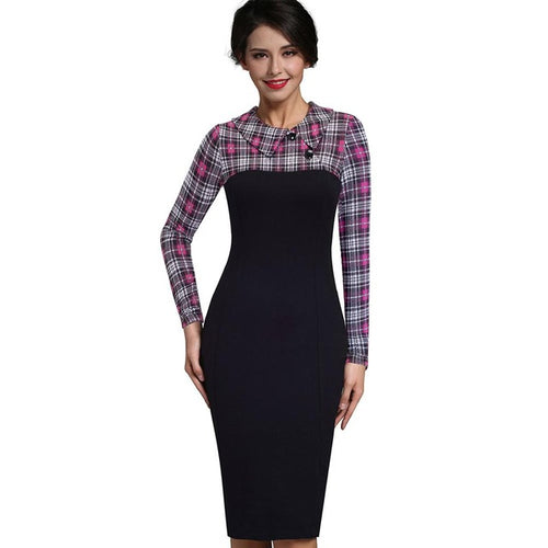 Load image into Gallery viewer, Elegant Turn Down Collar Vintage Pencil Dress-women-wanahavit-Pink Grid-XXXL-wanahavit
