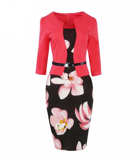 One Piece Floral Printed Elegant Business Formal Work Dress-women-wanahavit-pink-S-wanahavit