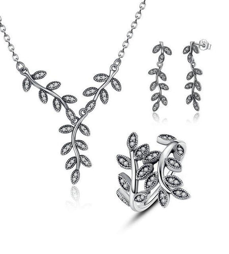 925 Sterling Silver Sparkling Leaves Jewelry Set-women-wanahavit-Long Earring-6-wanahavit