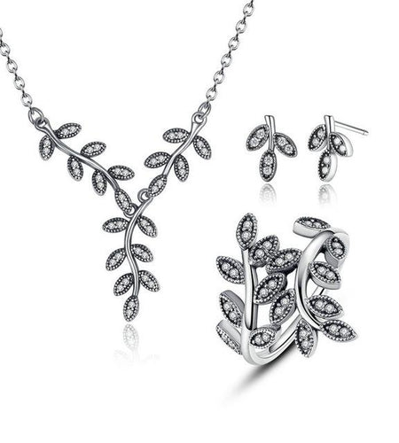 925 Sterling Silver Sparkling Leaves Jewelry Set-women-wanahavit-Short Earring-6-wanahavit