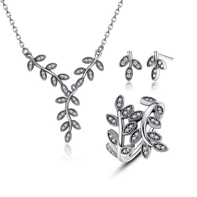 925 Sterling Silver Sparkling Leaves Jewelry Set-women-wanahavit-Short Earring-6-wanahavit