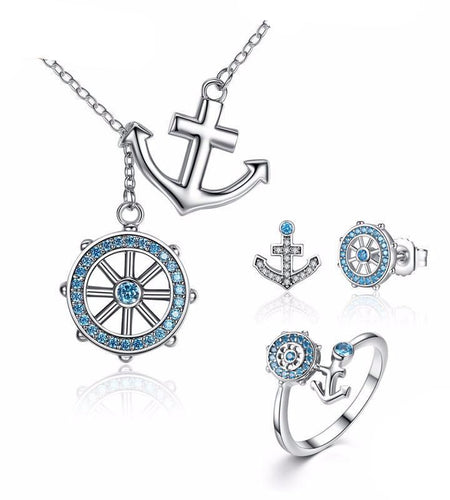 925 Sterling Silver Blue Anchor & Rudder Pendants Jewelry Set-women-wanahavit-6-wanahavit
