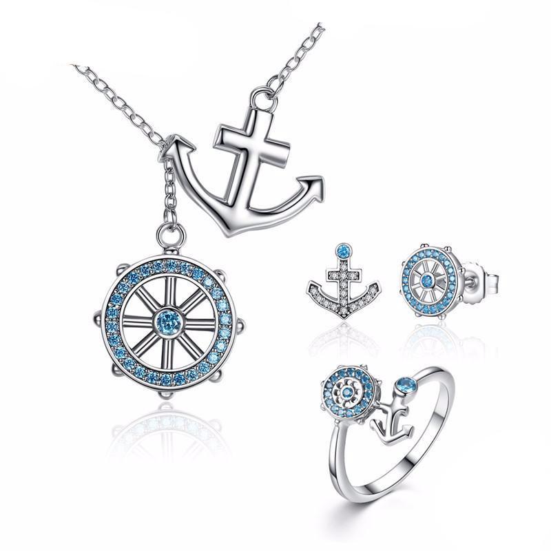 925 Sterling Silver Blue Anchor & Rudder Pendants Jewelry Set-women-wanahavit-6-wanahavit