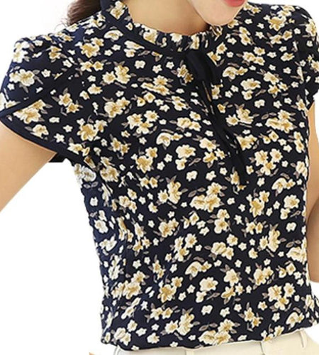 Floral Print Chiffon Short Sleeve Blouse-women-wanahavit-dark blue-S-wanahavit
