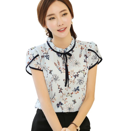 Floral Print Chiffon Short Sleeve Blouse-women-wanahavit-light blue-S-wanahavit