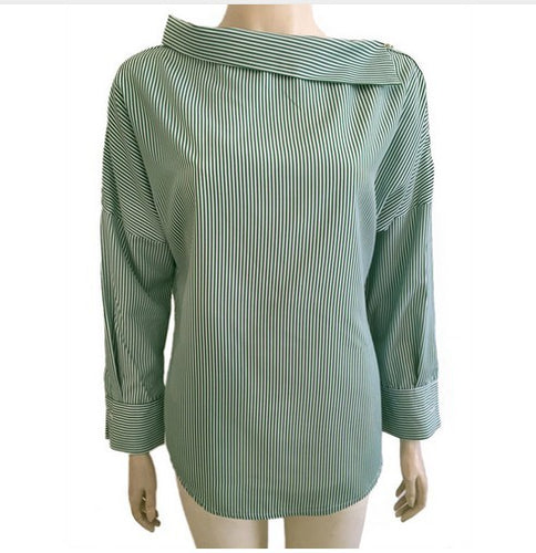 Load image into Gallery viewer, Autumn Striped Sexy Oblique Strapless Loose Longsleeve Shirt-women-wanahavit-GREEN-S-wanahavit
