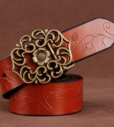 Luxury Vintage Floral Buckle Leather Belt-women-wanahavit-ND02 khaki-100cm-wanahavit