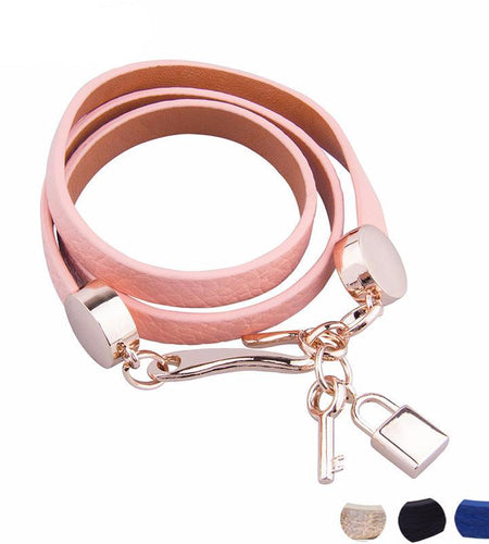 Luxury Pink Leather Bracelet with Lock and Key-women-wanahavit-Black-wanahavit