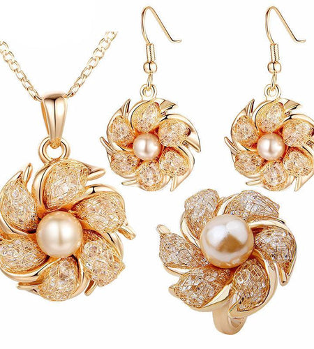 Gold Color Pearl and Crystal Jewelry Set-women-wanahavit-Ring in 6 Size-wanahavit