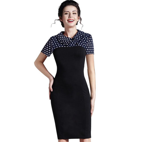 Load image into Gallery viewer, Elegant Turn Down Collar Vintage Pencil Dress-women-wanahavit-Dark blue and Dot-XXXL-wanahavit
