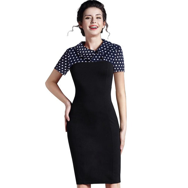 Elegant Turn Down Collar Vintage Pencil Dress-women-wanahavit-Dark blue and Dot-XXXL-wanahavit