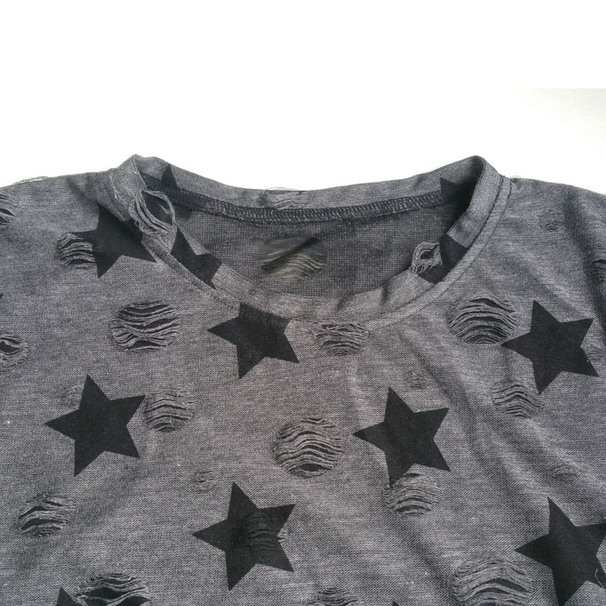 Star Printed Vintage with Holes Summer Tshirt-women-wanahavit-Gray Star-M-wanahavit
