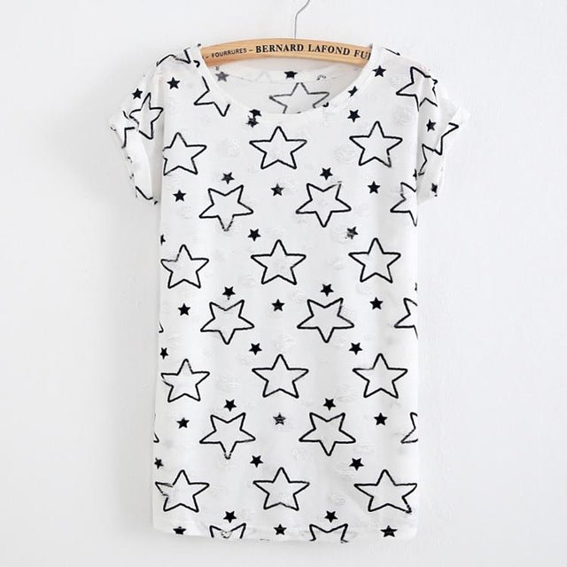 Star Printed Vintage with Holes Summer Tshirt-women-wanahavit-White Star-M-wanahavit