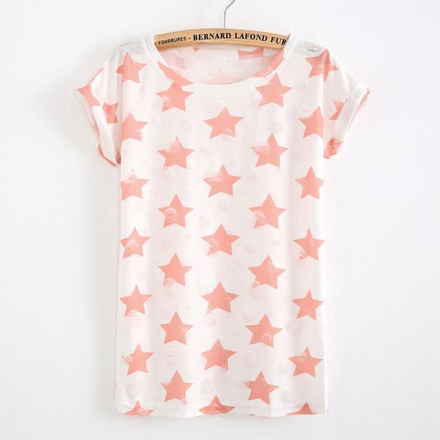 Star Printed Vintage with Holes Summer Tshirt-women-wanahavit-Pink Star-M-wanahavit