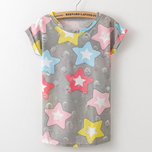 Load image into Gallery viewer, Star Printed Vintage with Holes Summer Tshirt-women-wanahavit-Colorful Star-M-wanahavit
