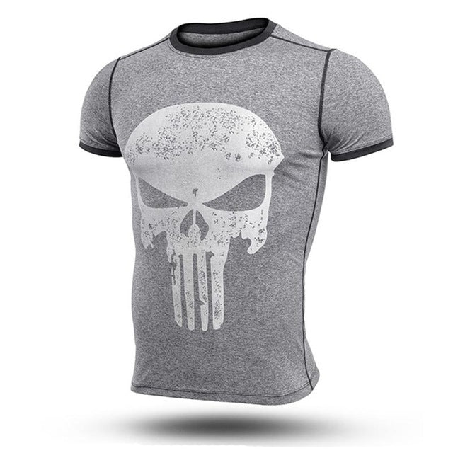 Punisher Bodybuilder Compression Short Sleeve Tees-men fashion & fitness-wanahavit-Gray & Skull-M-wanahavit