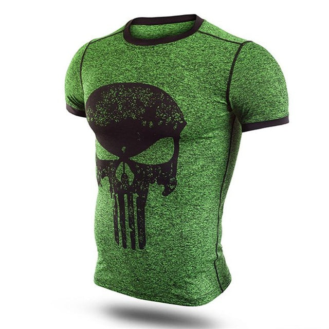 Punisher Bodybuilder Compression Short Sleeve Tees-men fashion & fitness-wanahavit-Green & Skull-M-wanahavit