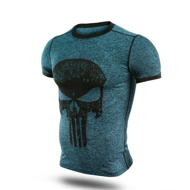 Punisher Bodybuilder Compression Short Sleeve Tees-men fashion & fitness-wanahavit-Blue & Skull-M-wanahavit