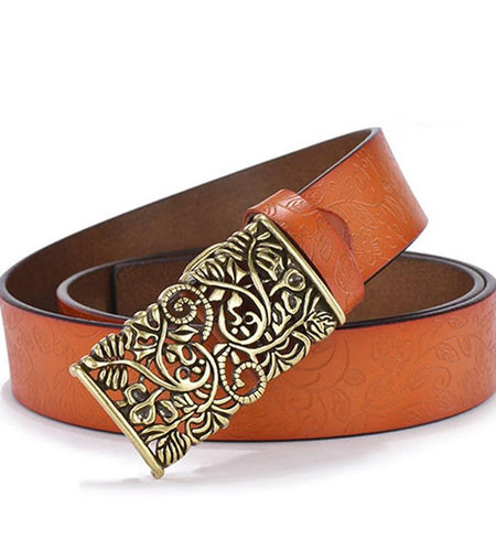 Cowhide Carved Flower Strap Genuine Leather Belt-women-wanahavit-NDV08 Orange-100cm-wanahavit