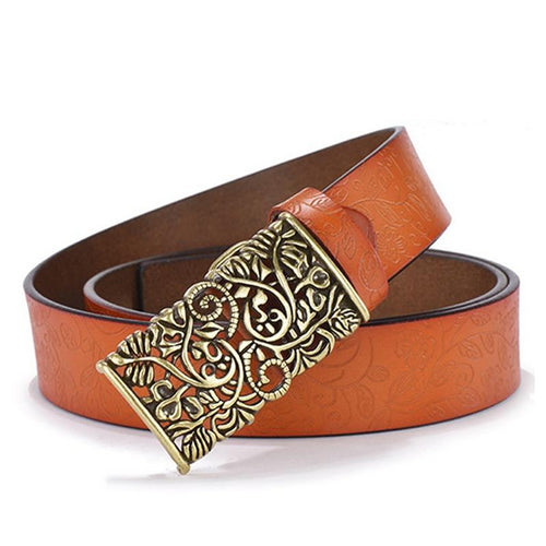 Load image into Gallery viewer, Cowhide Carved Flower Strap Genuine Leather Belt-women-wanahavit-NDV08 Orange-100cm-wanahavit
