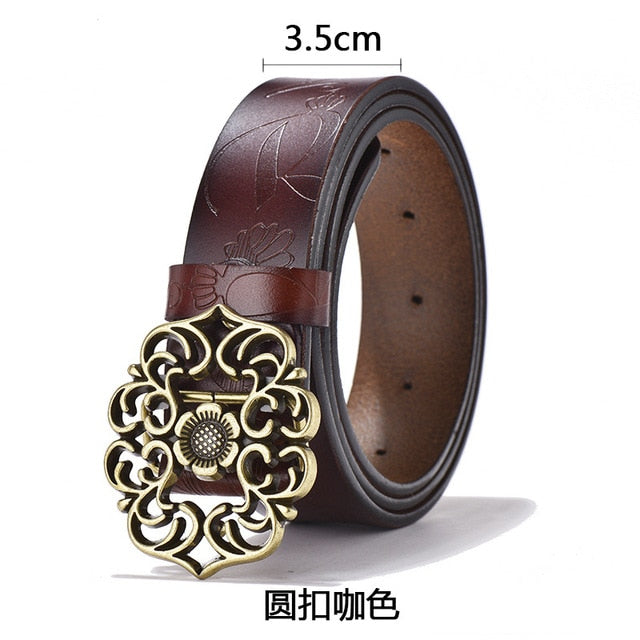 Cowhide Carved Flower Strap Genuine Leather Belt-women-wanahavit-NDV07 coffe-100cm-wanahavit