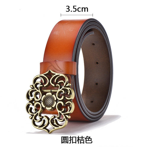 Load image into Gallery viewer, Cowhide Carved Flower Strap Genuine Leather Belt-women-wanahavit-NDV07 Orange-100cm-wanahavit
