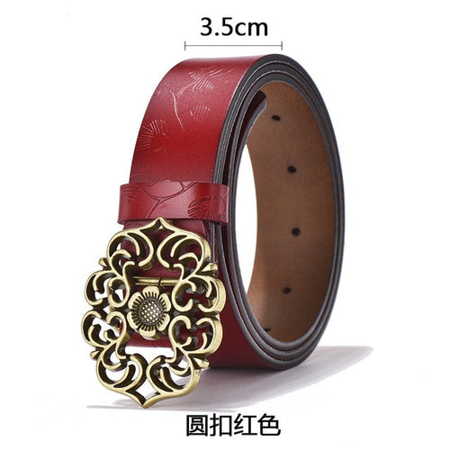 Load image into Gallery viewer, Cowhide Carved Flower Strap Genuine Leather Belt-women-wanahavit-NDV07 Red-100cm-wanahavit
