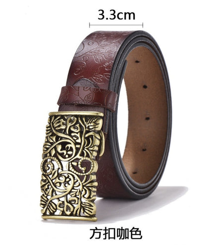 Cowhide Carved Flower Strap Genuine Leather Belt-women-wanahavit-NDV08 coffe-100cm-wanahavit