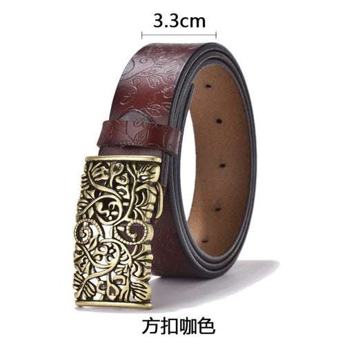 Load image into Gallery viewer, Cowhide Carved Flower Strap Genuine Leather Belt-women-wanahavit-NDV08 coffe-100cm-wanahavit
