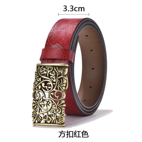 Load image into Gallery viewer, Cowhide Carved Flower Strap Genuine Leather Belt-women-wanahavit-NDV08 Red-100cm-wanahavit
