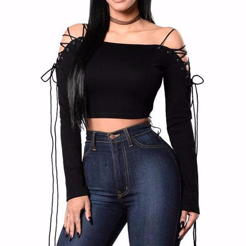 Load image into Gallery viewer, Laced Up Off Shoulder Long Sleeve Shirt-women-wanahavit-black-S-wanahavit
