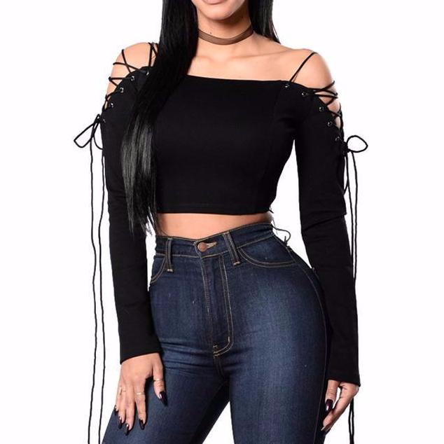 Laced Up Off Shoulder Long Sleeve Shirt-women-wanahavit-black-S-wanahavit