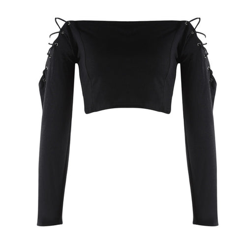 Load image into Gallery viewer, Laced Up Off Shoulder Long Sleeve Shirt-women-wanahavit-black-L-wanahavit
