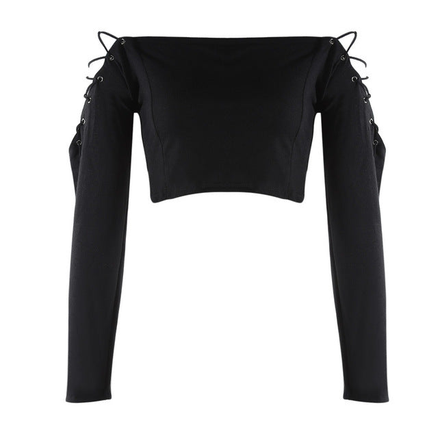 Laced Up Off Shoulder Long Sleeve Shirt-women-wanahavit-black-L-wanahavit