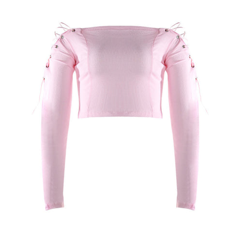 Load image into Gallery viewer, Laced Up Off Shoulder Long Sleeve Shirt-women-wanahavit-pink-L-wanahavit
