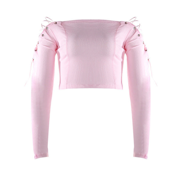 Laced Up Off Shoulder Long Sleeve Shirt-women-wanahavit-pink-L-wanahavit