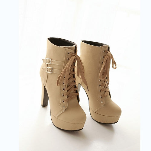 Load image into Gallery viewer, Winter Ankle Boots Buckle Lace Up with Thick High Heels-women-wanahavit-Beige-6.5-wanahavit
